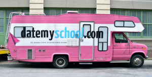Dates on Wheels: the mobile office of Date My School. “We wanted to get the ugliest color possible, so people would notice us,” said Balazs Alexa, co-founder of Date My School (Niko Nelson)