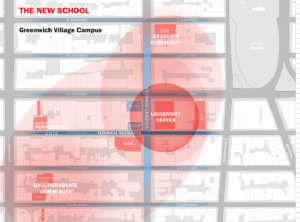 At the University Town Hall on April 2, President David Van Zandt presented faculty and students with this map, depicting what the face of The New School will soon look like. (Courtesy of The New School Office of Design, Construction and Facilities Management)
