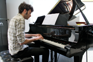 Dor Heled, a pianist who served for five years in Israel’s navy, jams with his ensemble jazz class at Arnhold Hall. (Henry Miller)