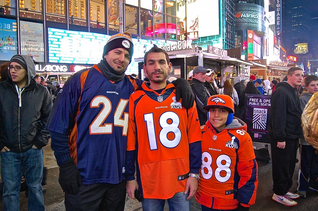 From left to right, Iyad Allis, his cousin Michael Malachi, and Allis' nephew Rami Maaliki, came to see their first Super Bowl. "I'm pretty sure the marijuana laws in both states help. We seem to all be calm and hungry," said Allis.