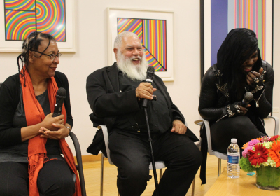 **Clicking this photo takes you to a slideshow of the event!!** Activist, video artist and sculptor, M Lamar, award winning author, Marci Blackman, and Director of Creative Writing (Fiction) at College of Liberal Arts at Temple University, literary critic and author, (Chip) Samuel R. Delany, joined bell hooks on Thursday, October 9, from 5 until 7 p.m. to discuss “Transgressive Sexual Practice” in Wollman Hall. They all spoke about their own personal experiences with transgression in the bedroom. Clicking this photo will take you to a slideshow of the rest of the photos from this event. During their discussion the audience held up signs that read, "JUSTICE FOR VONDERRIT MYERS 18 years old, unarmed, #16shots, last night." Delany asked the audience to face the other audience members acting in solidarity with the Meyers family