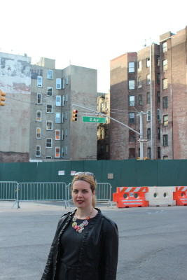 Nora standing in front of the explosion site. Photo by Tamar Lapin