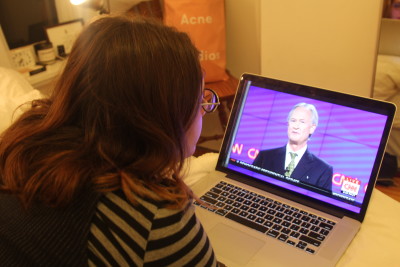 College student, Jess Meisel watches the debate on her laptop on Oct. 13, 2015. This week's Democratic debate had the most viewers for any Democratic debate at 15.3 million views, unfortunately still far behind the record setting GOP debate on Fox in Aug. with 24 million views. (Photo/Morgan Young)