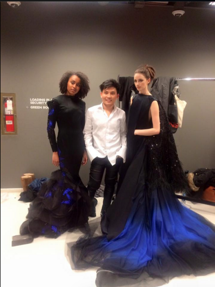 Tom Nguyen of Parsons stands with models wearing his couture pieces inspired by the 'MILF.' Photo courtesy of Nguyen's Facebook. 