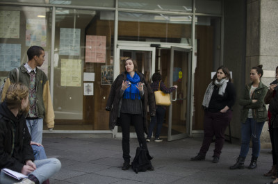 Lang professor Julie Napolin shares the faculty concern for health in the basement. (Photo/Kianna Stupakoff)