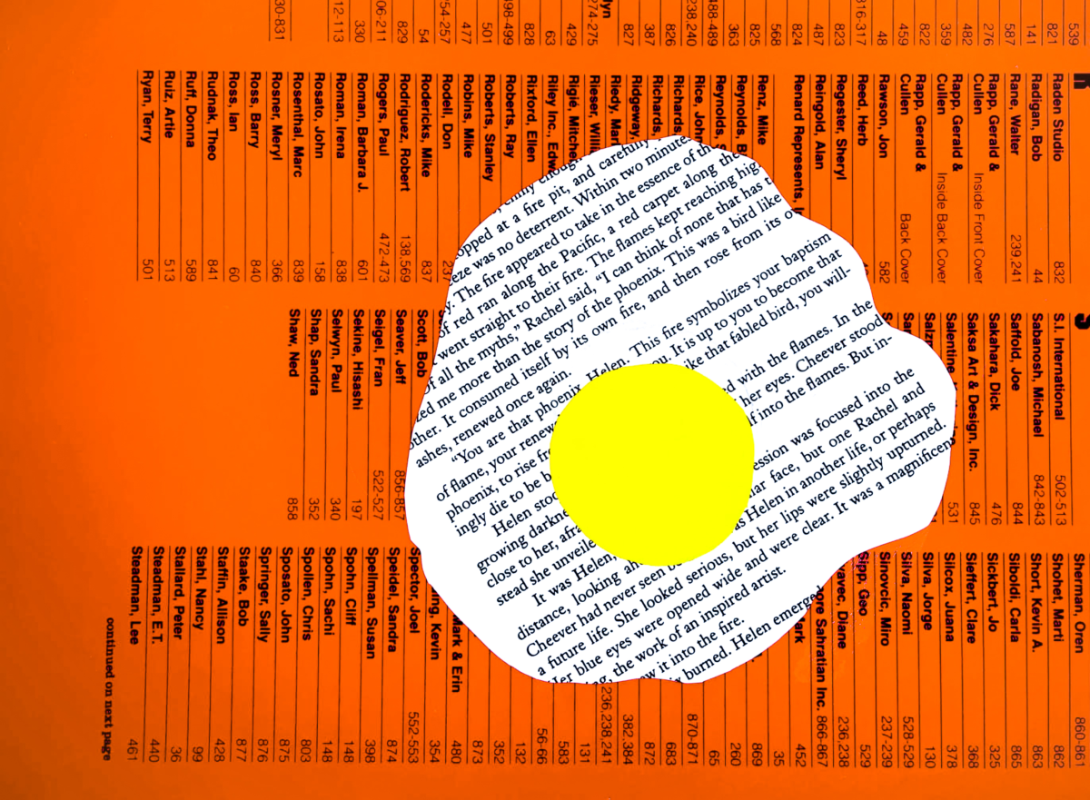Image of a collage with an orange background and a sunny side up egg.