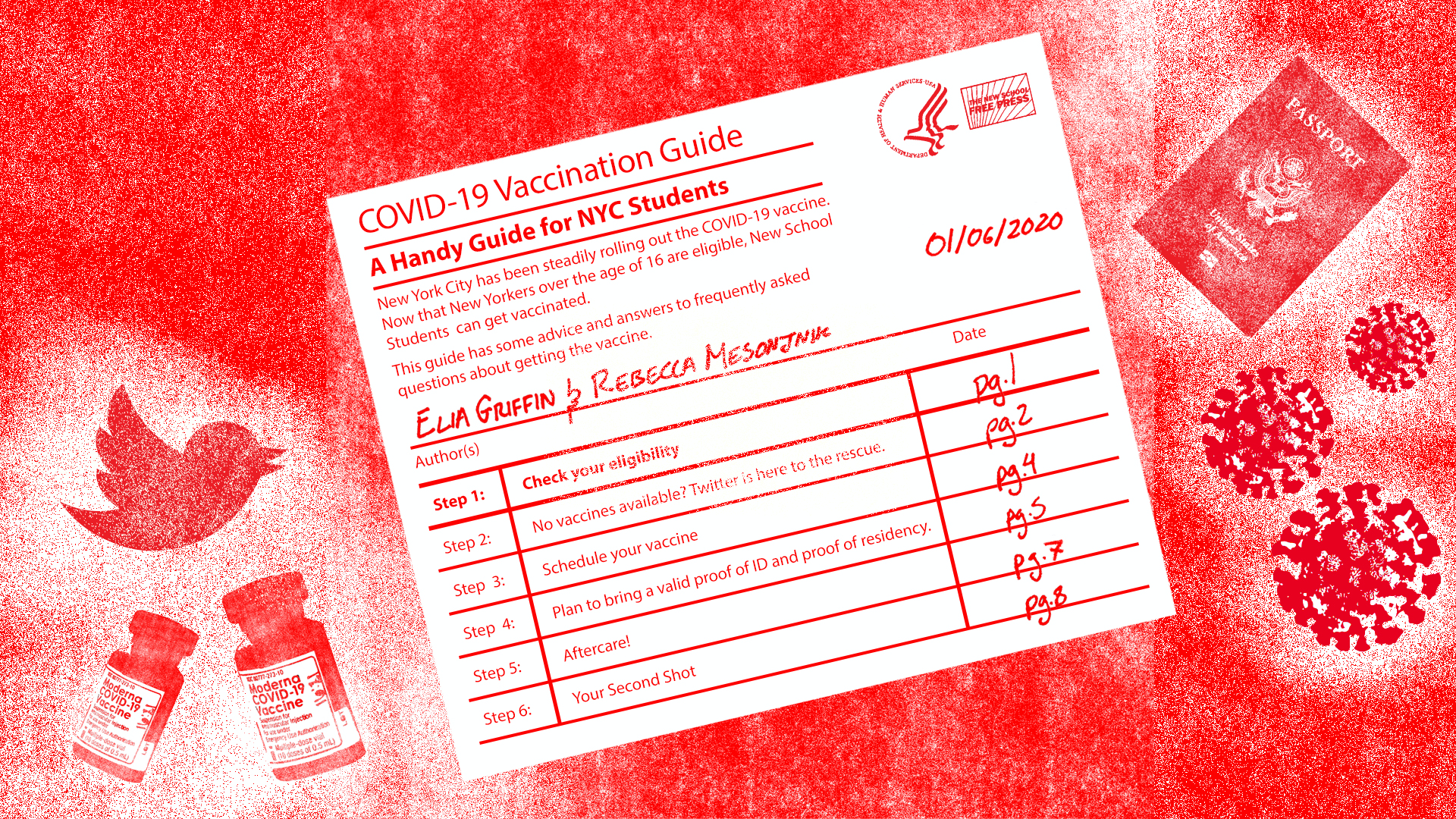 Image of a vaccination card: text: A Handy Guide for NYC Students. By Elia Griffin and Rebecca Mesonjnik.