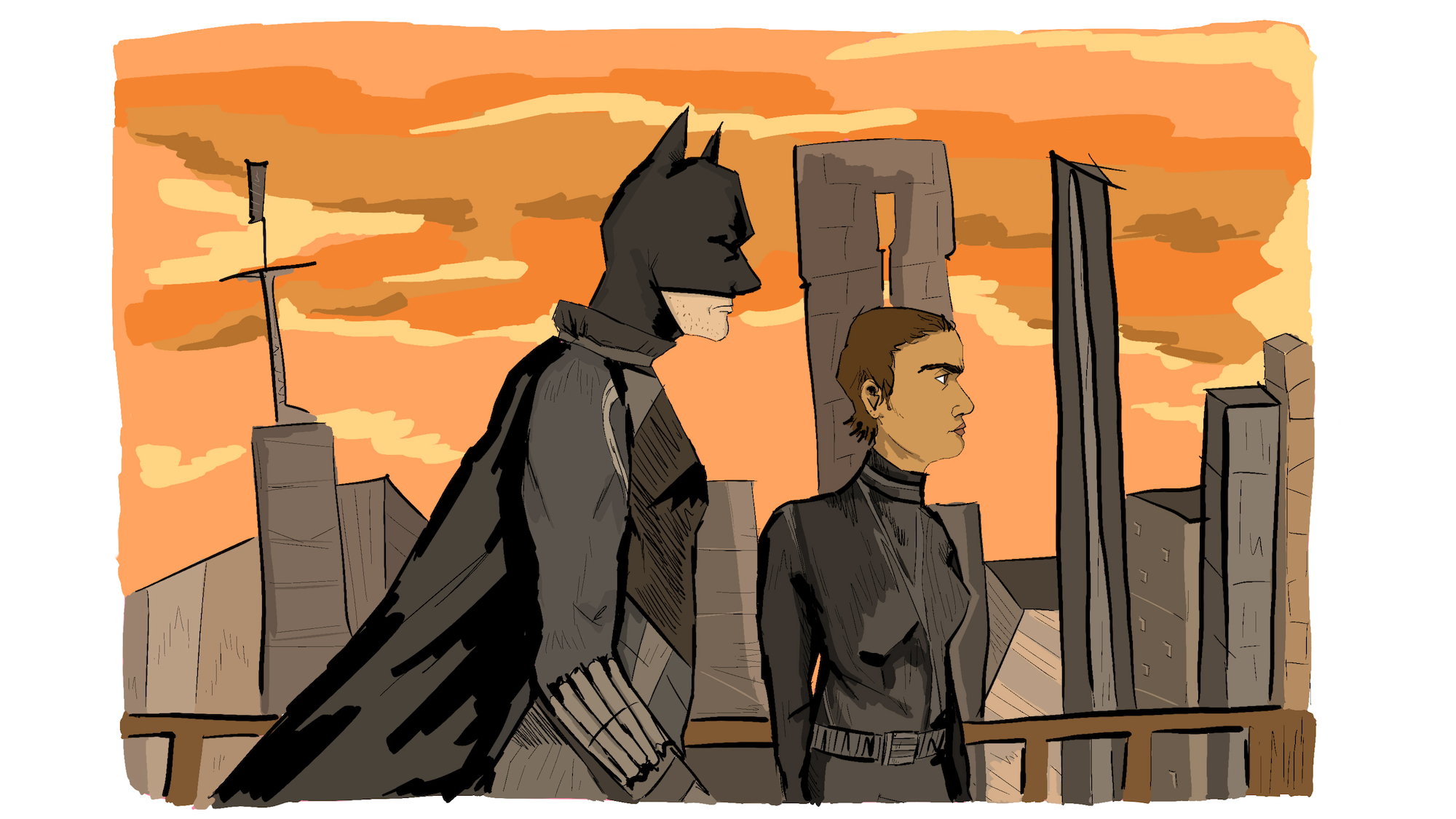 Illustration of Batman and Catwoman backdropped by city buildings.