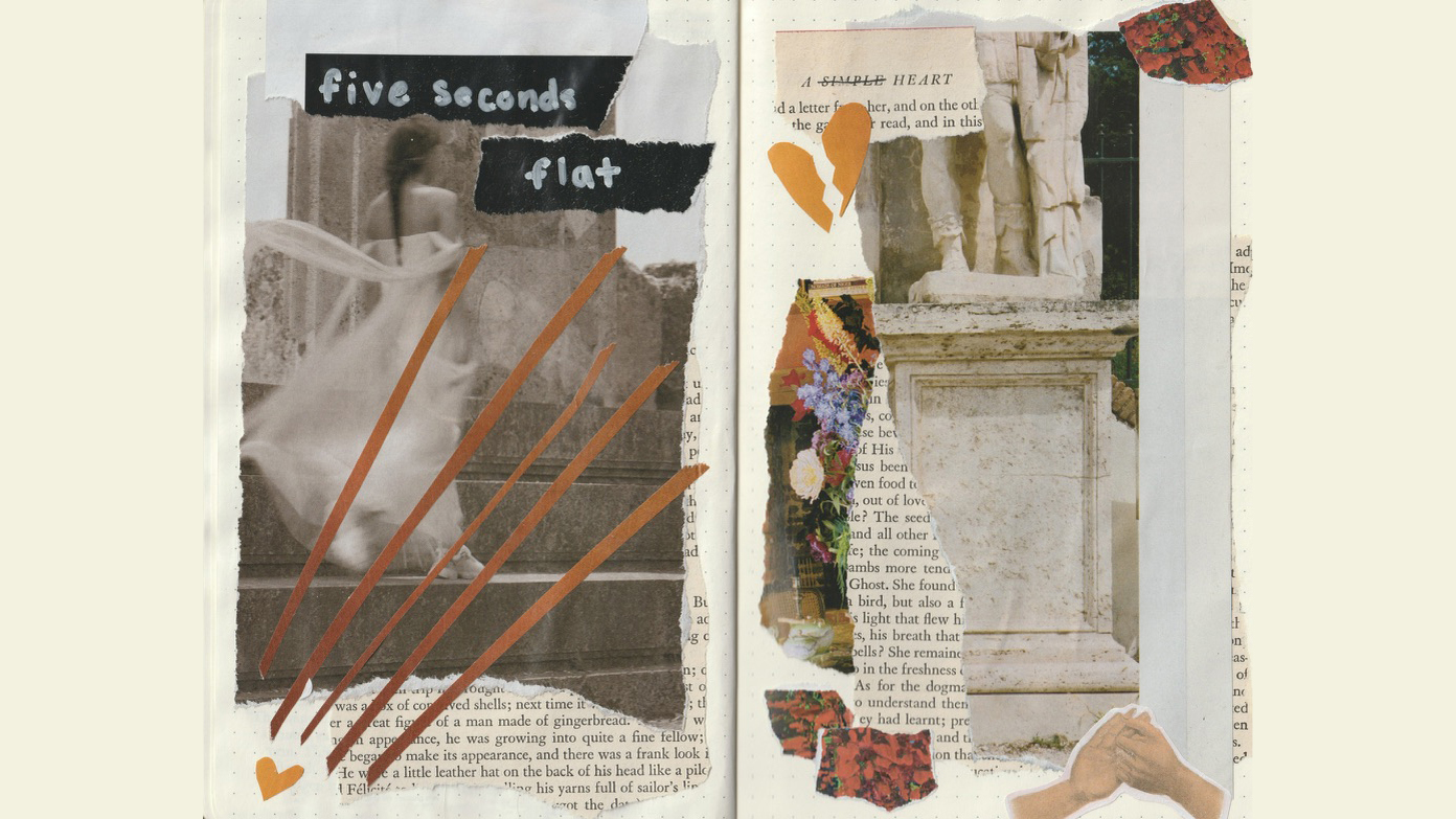 A collage inspired by Lizzy McAlpine’s album “Five Seconds Flat” featuring a ghost-like character and broken heart symbolism.