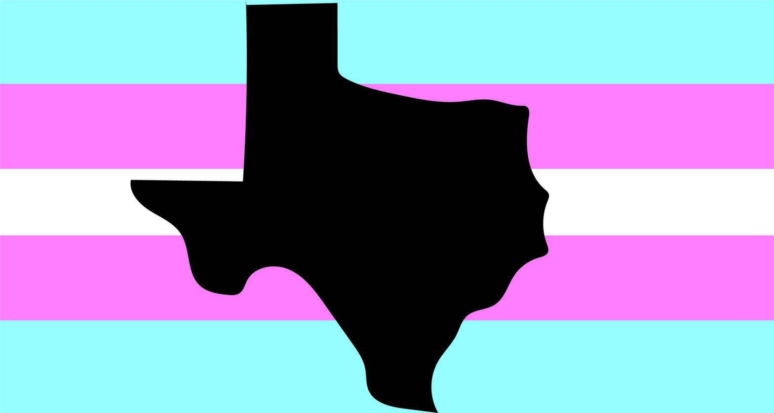 An illustration of the state of Texas over the transgender flag.