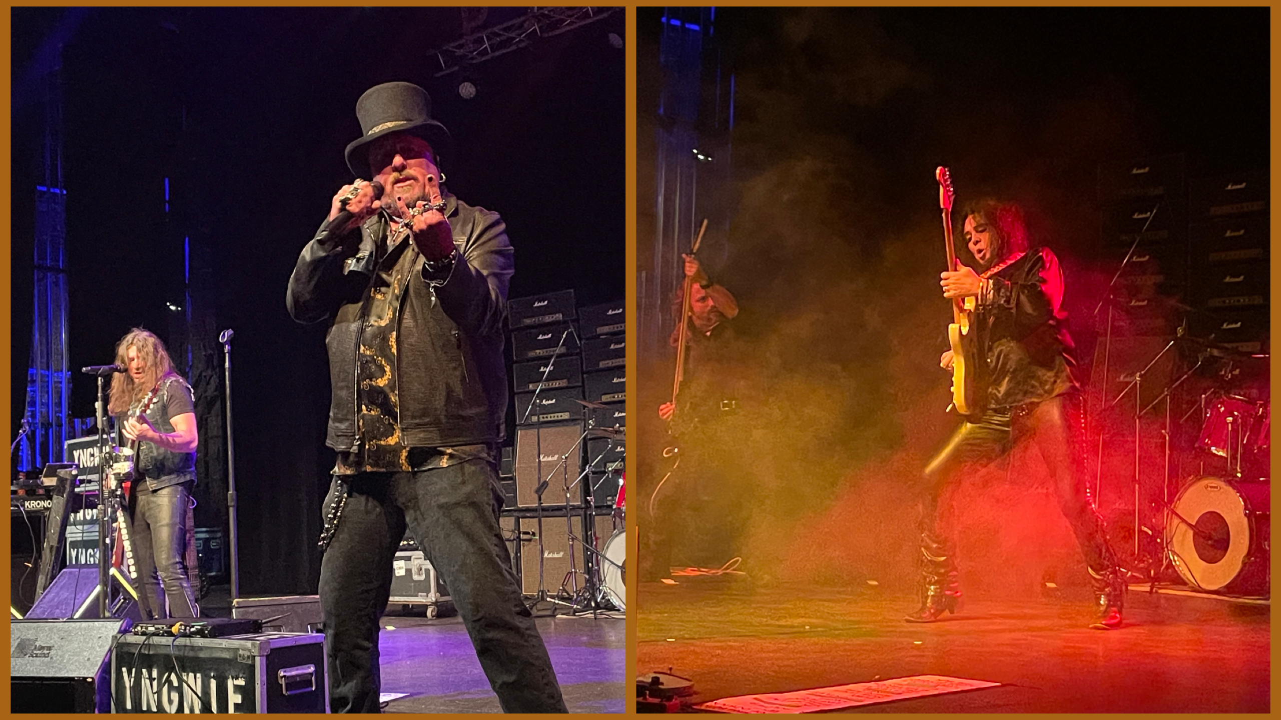 On the left, two men dressed in black perform on a stage. On the right, a guitarist dressed in black leather and surrounded by smoke performs.