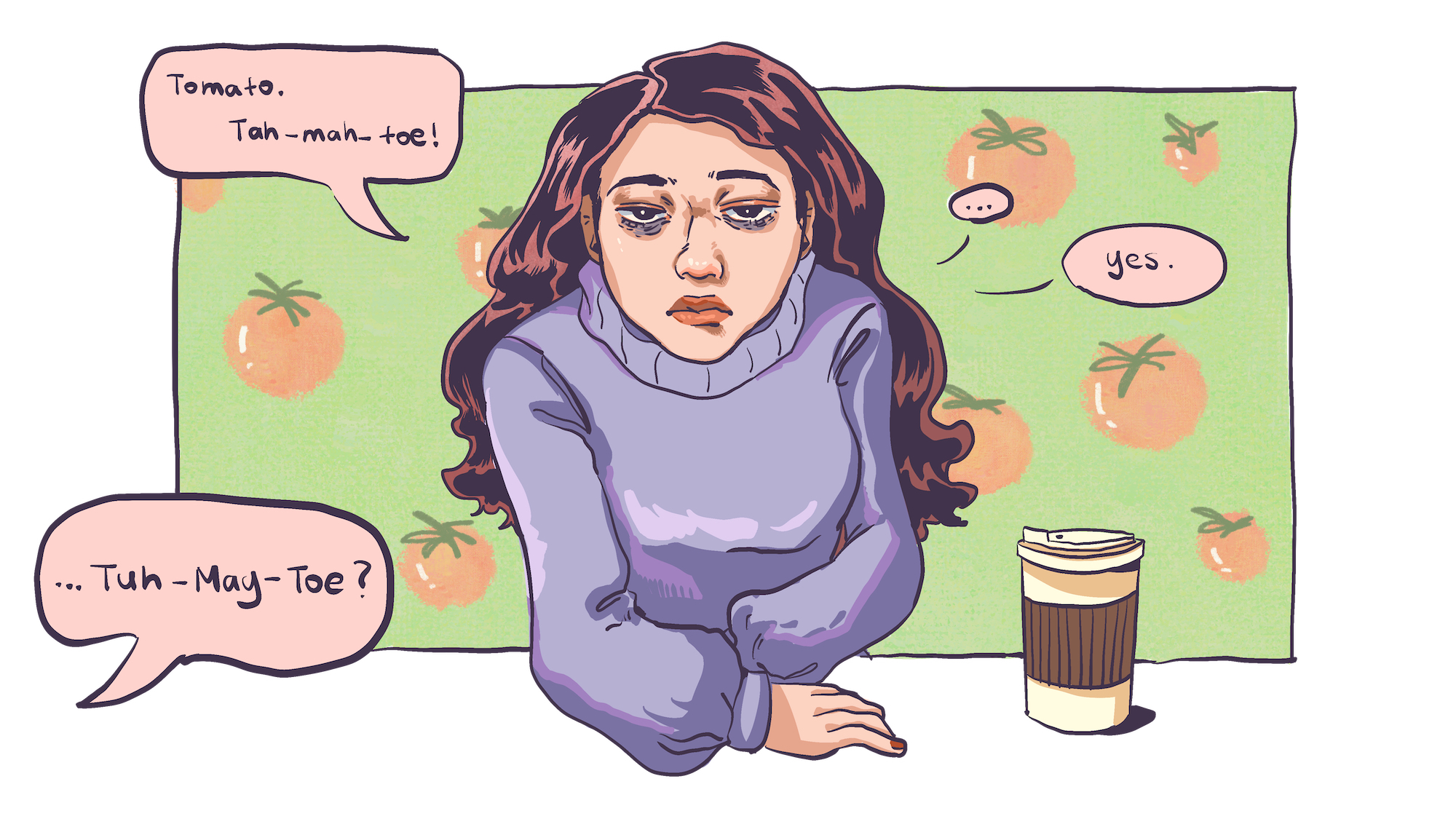 illustration of a tired girl sitting with her arms crossed with speech bubbles showing her trying to say the word ‘tomato’