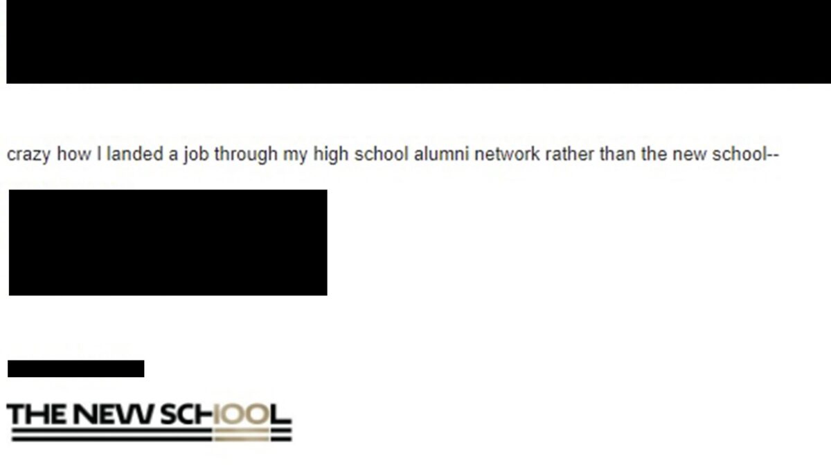 Email thread messages sent on April 17, with the addresses blacked out. Message reads, “crazy how I landed a job through my high school alumni network rather than the new school–”