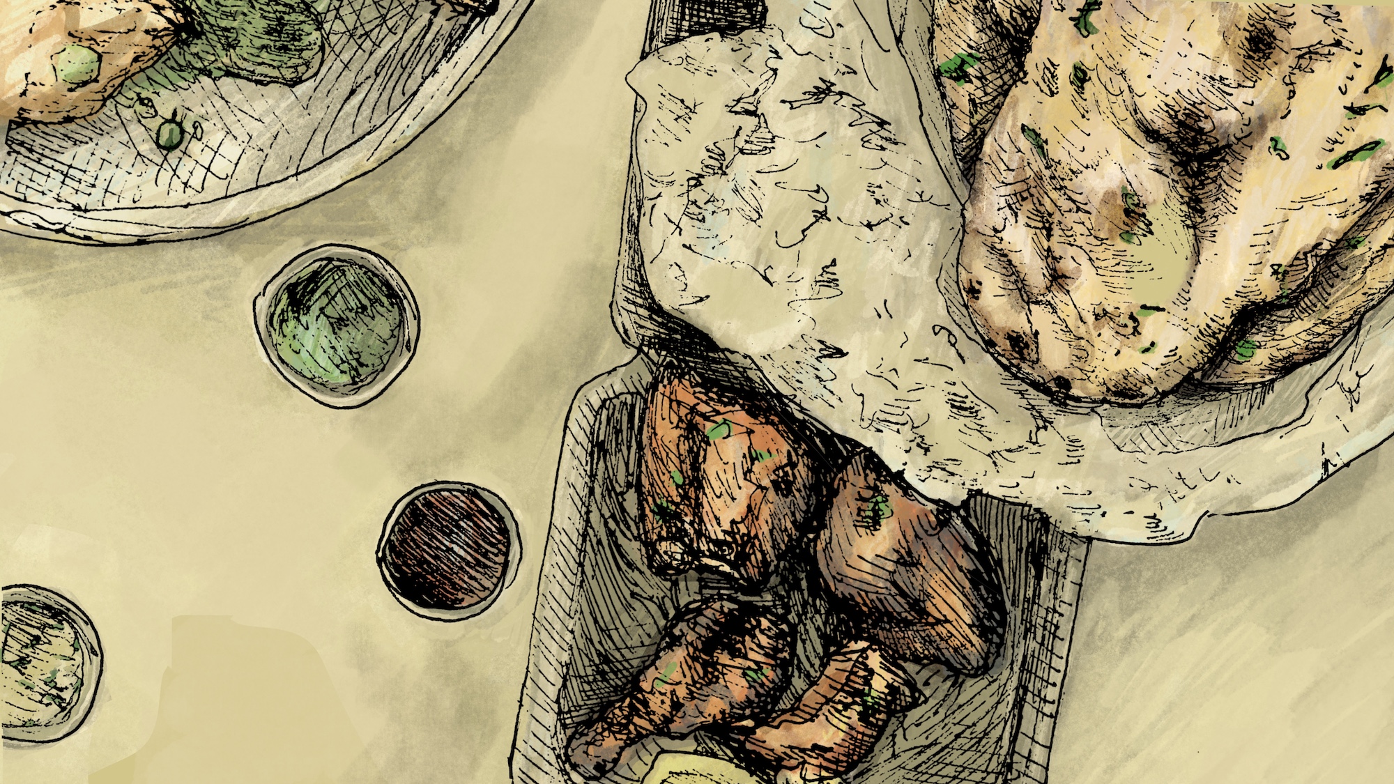An illustration of food, like naan and chicken wings, in take-out boxes.