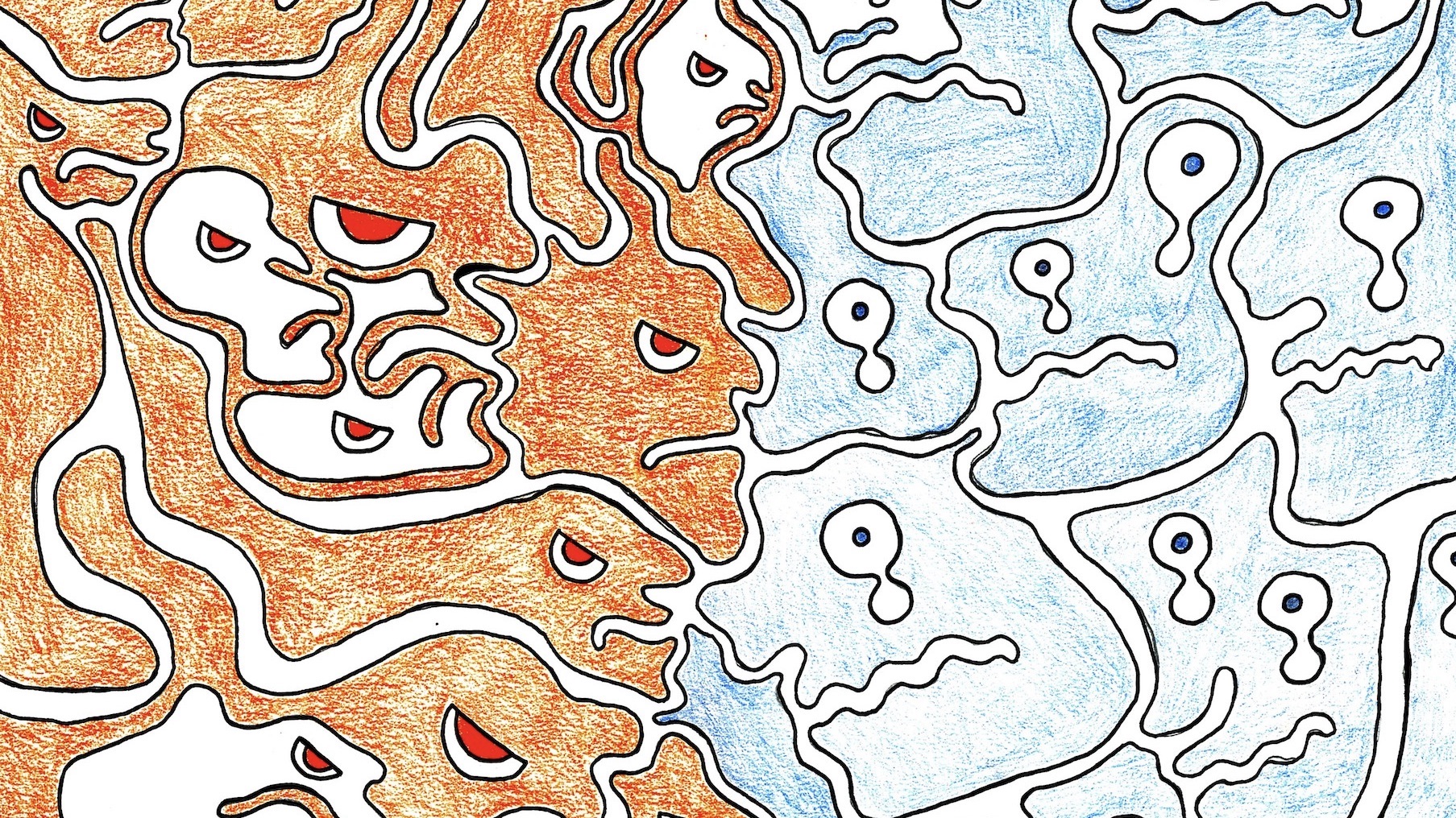 Abstract illustration of angry orange faces attacking frightened blue creatures.