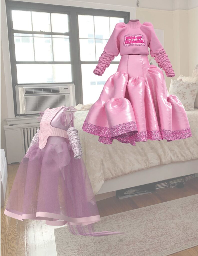 digital rendering of pink dresses in bedroom