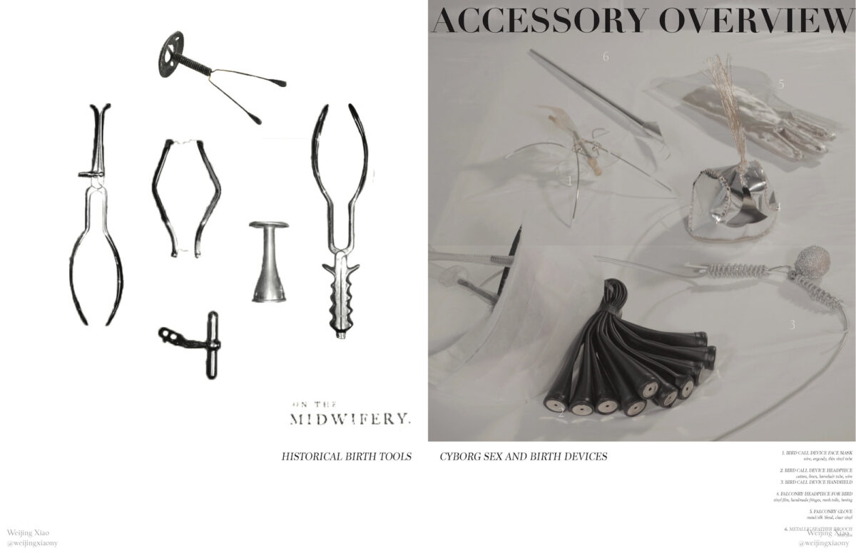 vintage metal midwifery tools and various silver accessories. Text reads “on the midwifery: historical birth tools” “accessory overview” and “cyborg sex and birth devices.”