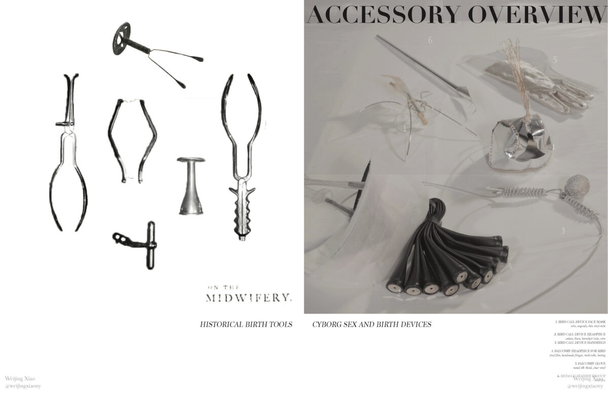 vintage metal midwifery tools and various silver accessories. Text reads “on the midwifery: historical birth tools” “accessory overview” and “cyborg sex and birth devices.”