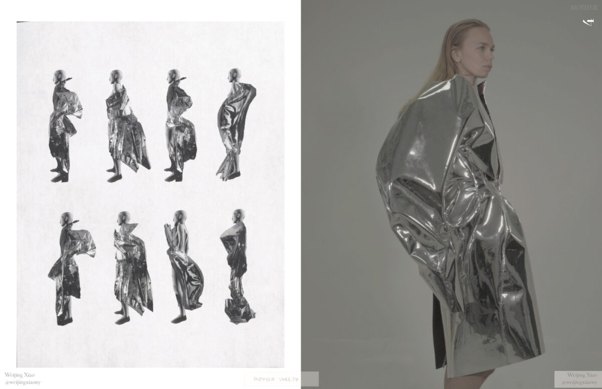various forms of a silver statue and photo of model wearing futuristic silver dress