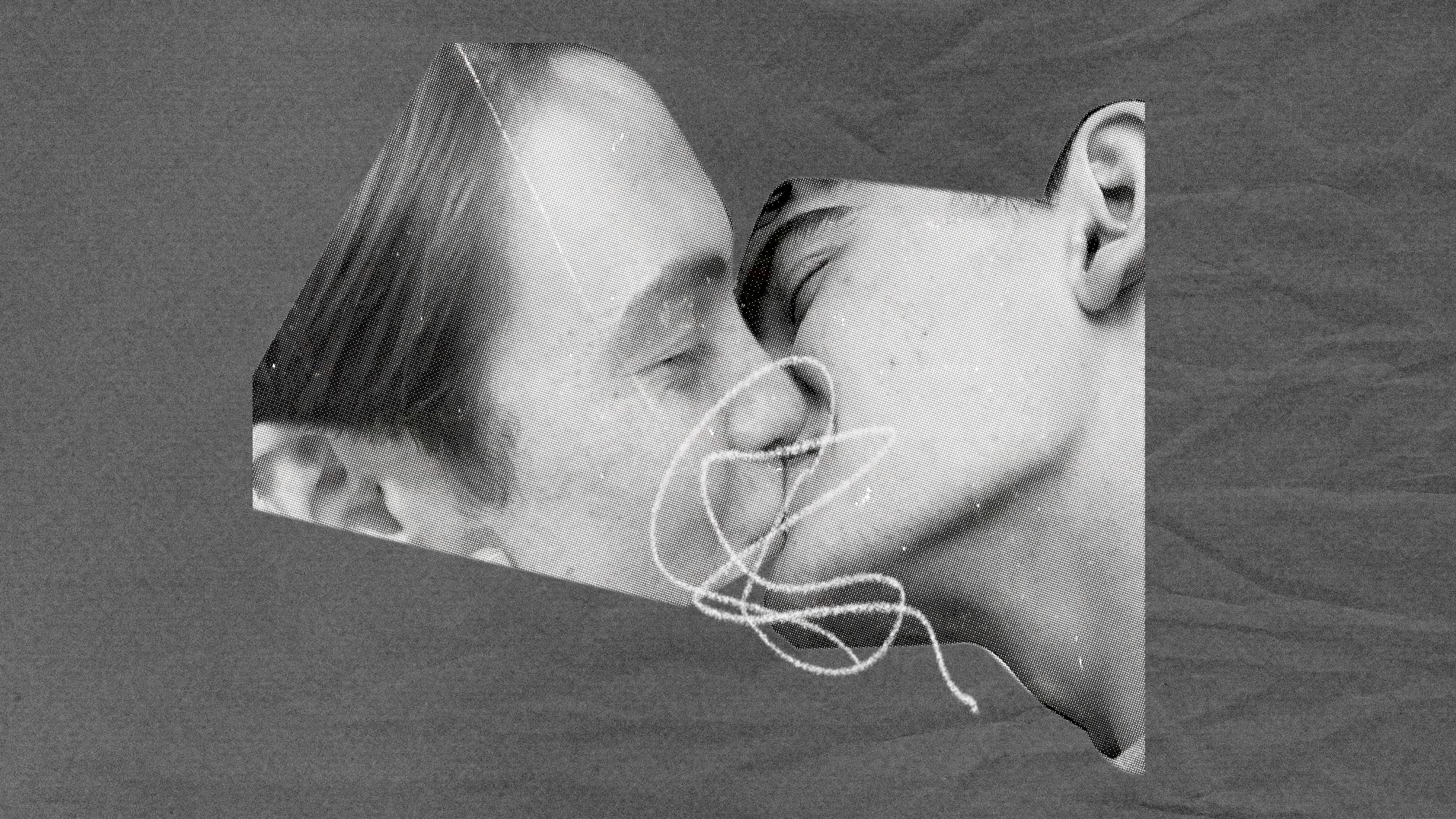cut out photo of Two Teenage boys kissing with artistic white squiggle around lips