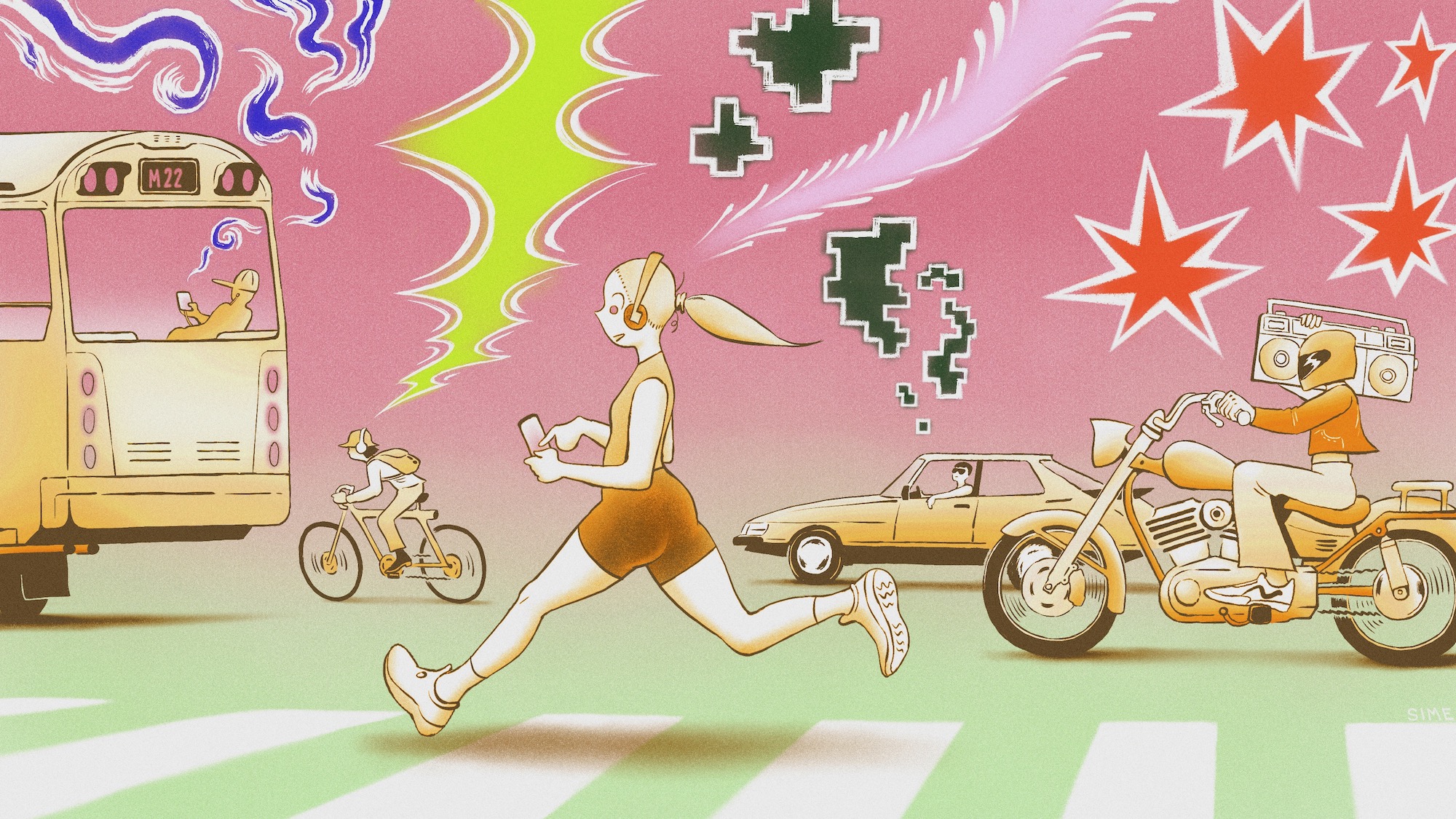Colorful illustration of woman running with headphones on. In background, people on a bus, on a motorcycle, on a bike and in a car all listen to music as well.