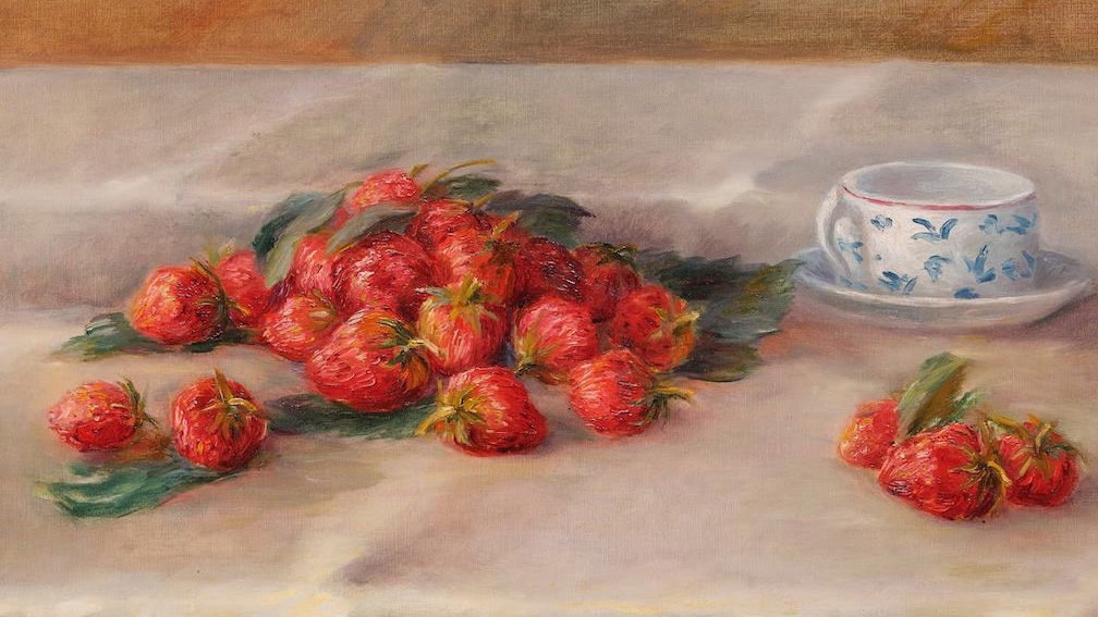 a painting of red strawberries next to a blue and white ceramic cup on a brown tablecloth.