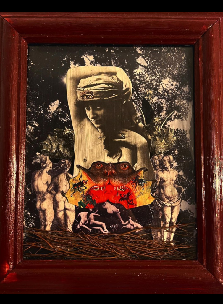 A framed collage of naked women, forestry, and a monster made by Olivia. 