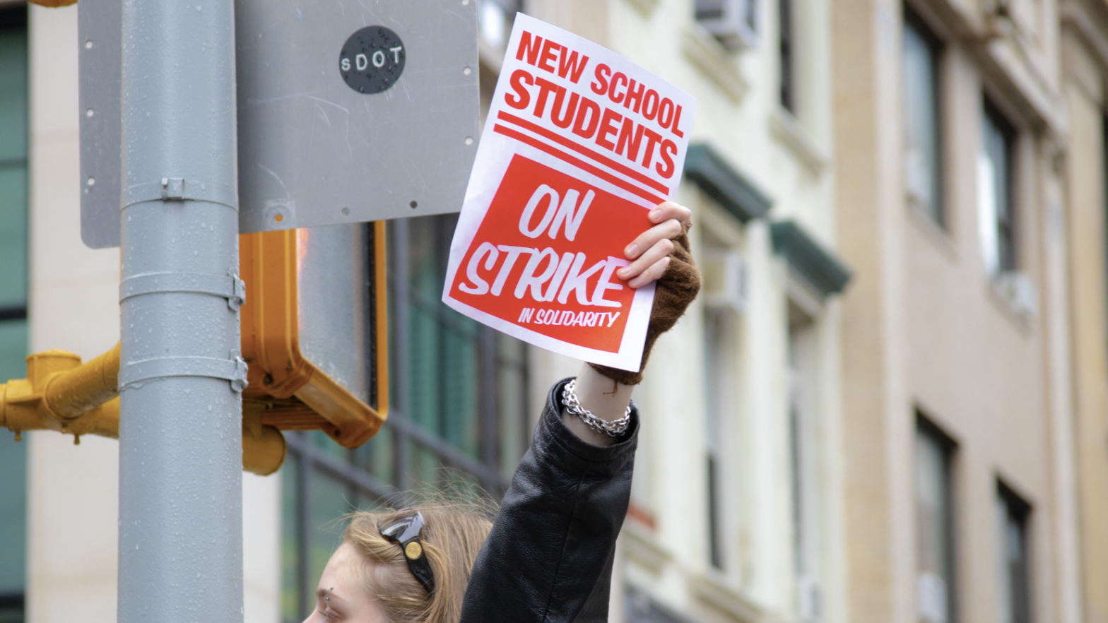 Student holding a sign saying "New School Students on strike in solidarity"