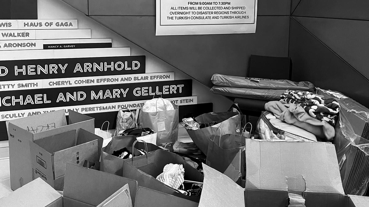 Image of multiple cardboard boxes filled with various donation items in the UC for Türkiye-Syria Earthquake victims.