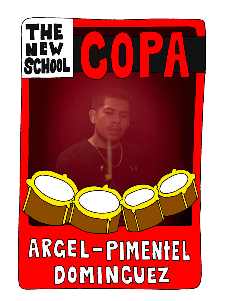 Alt text: baseball-style trading card reads “CoPa” at the top, featuring a photo of Argel Pimentel-Dominguez playing drums. 
