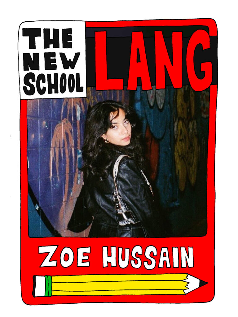 Alt text: Red baseball style trading card reads “Lang” at the top, featuring a photo of Zoe Hussain in front of a wall of graffiti. 