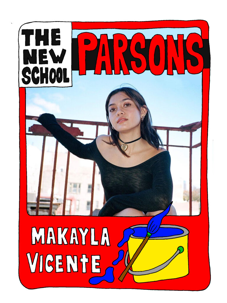 Alt text: baseball style trading card reads “Parsons” at the top, featuring a photo of Makayla Vicente on a balcony. An illustration of a bucket of blue paint in the bottom right-hand corner. 
