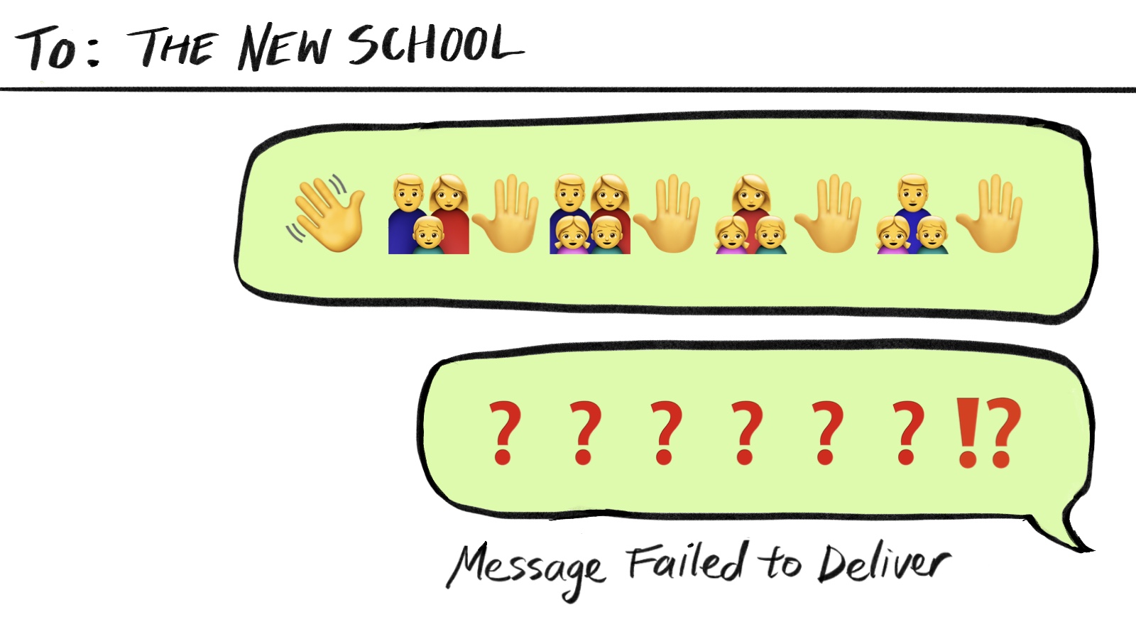 Illustration of text messages directed “To: The New School” First message contains hand and family emojis. The second message contains question marks. The error message says “Message Failed to Deliver.”