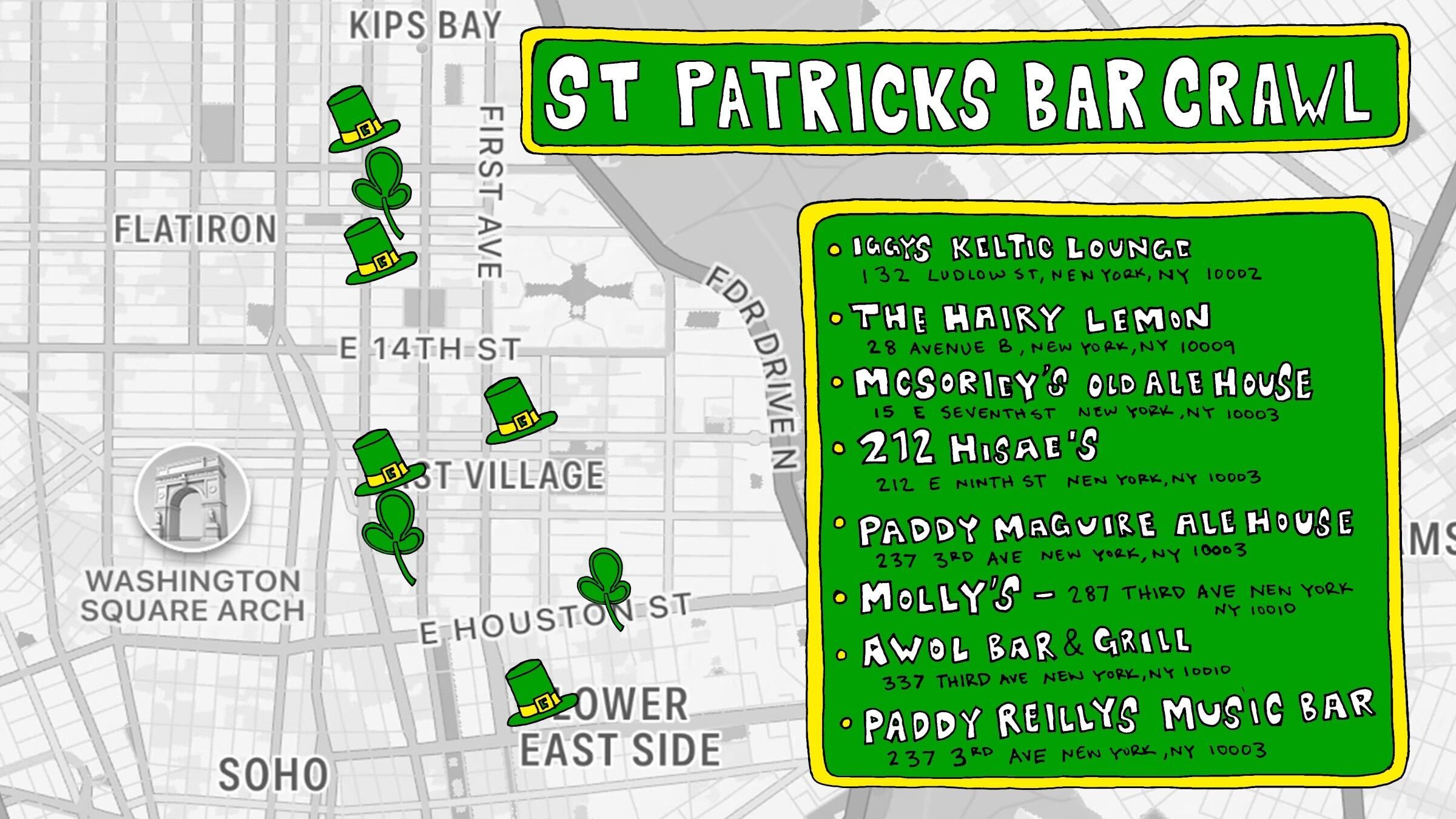 Map of east Manhattan, from Kips Bay to the Lower East Side, with green and yellow title that says "St Patrick's Bar Crawl." 8 bars are listed on the left, and are pinned on the map with green hats to the right.