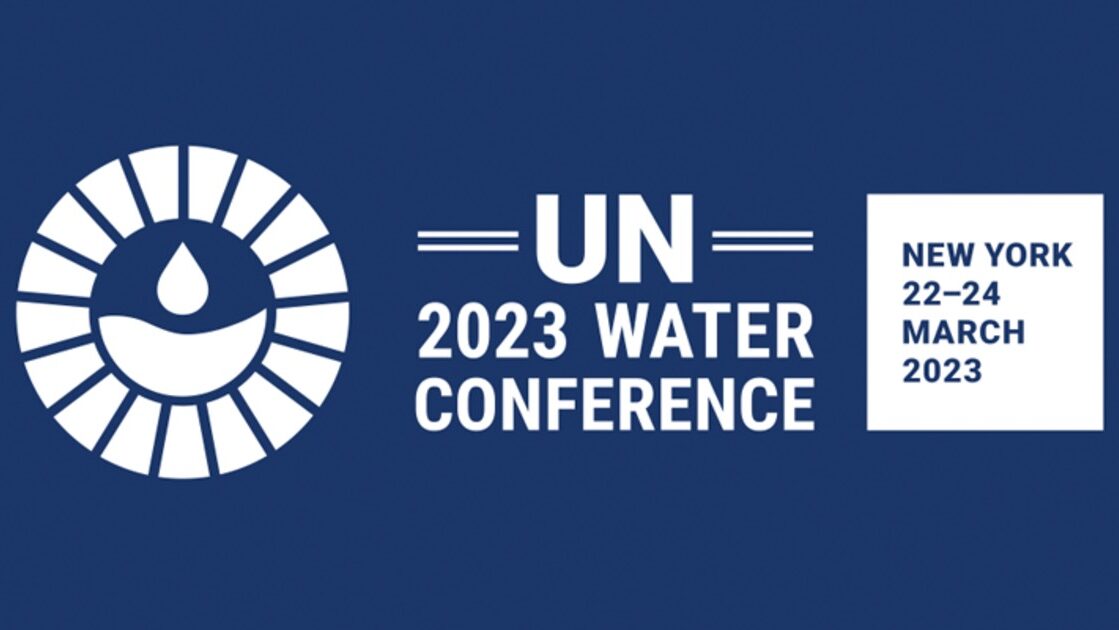The UN Water Conference Logo. On the left is a ring, broken in parts, with a water drop in the center. To the right is text that reads: “UN 2023 Water Conference. New York 22-24 March 2023.”