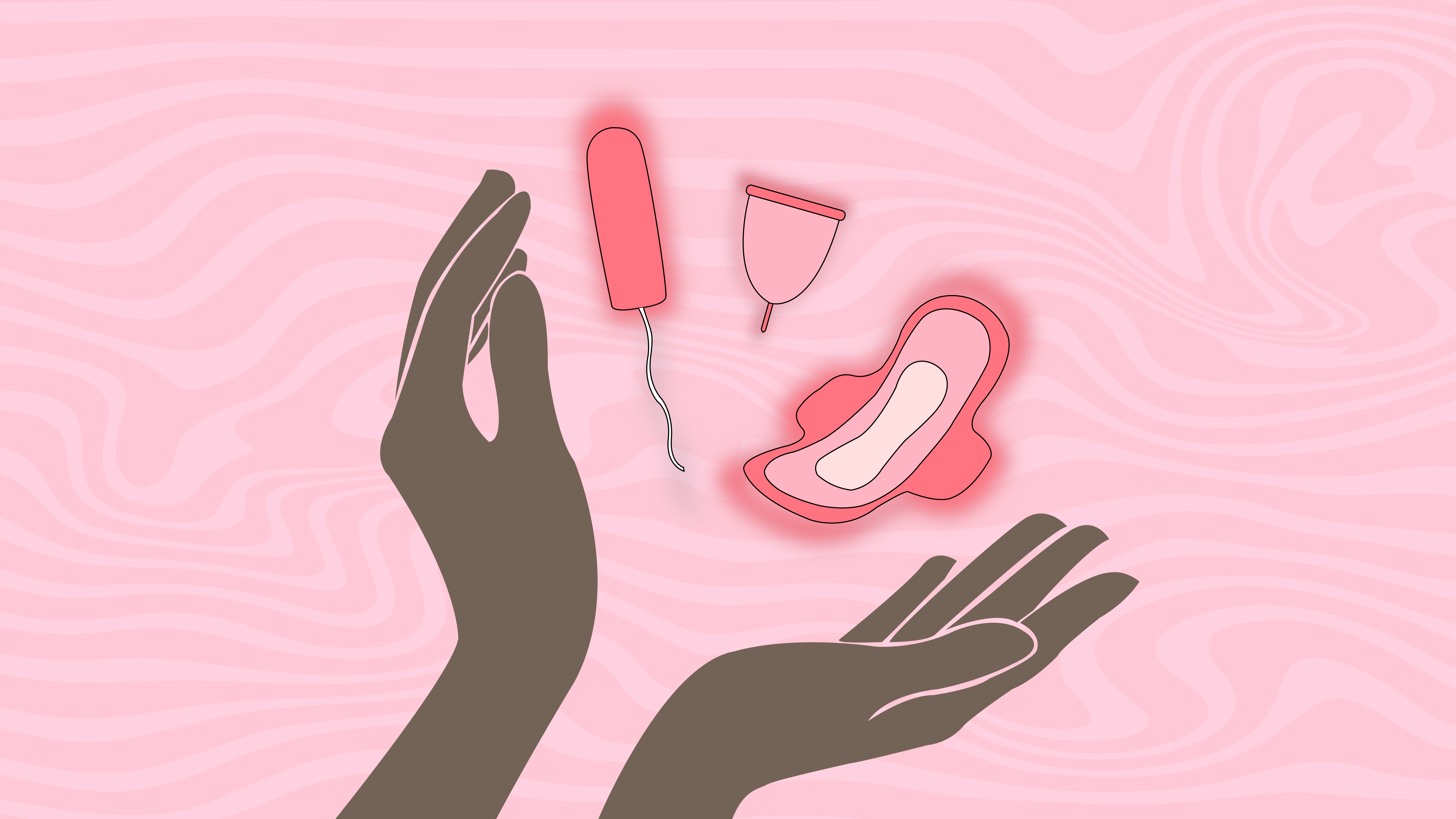 An illustration of darker-toned hands beneath a tampon, a menstrual cup, and a sanitary pad on a light pink background with wavy lines.