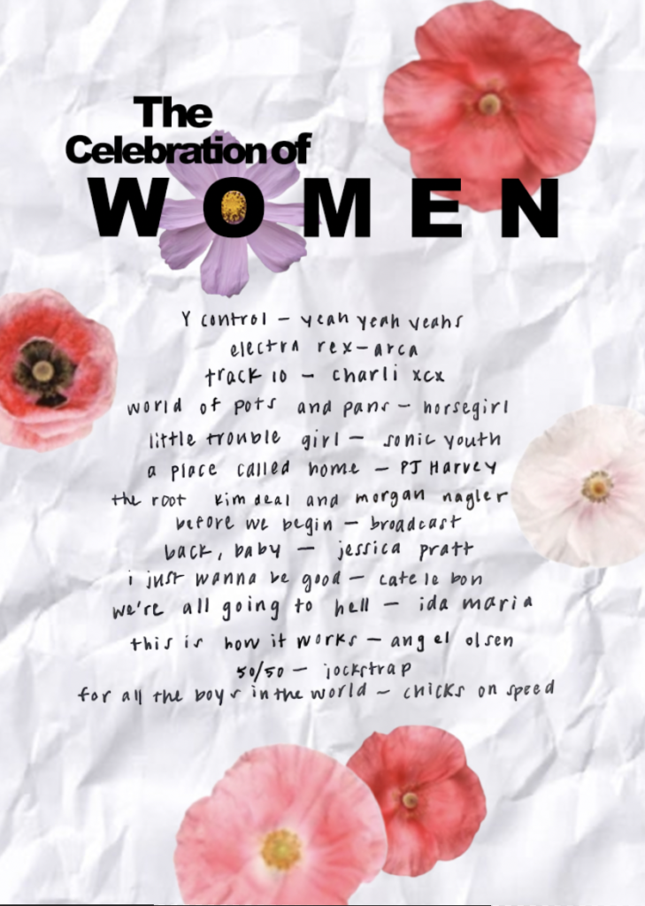 Wrinkled paper with the words “The Celebration of Women” and the playlist in the middle. Images of pink and white poppies surround the list.