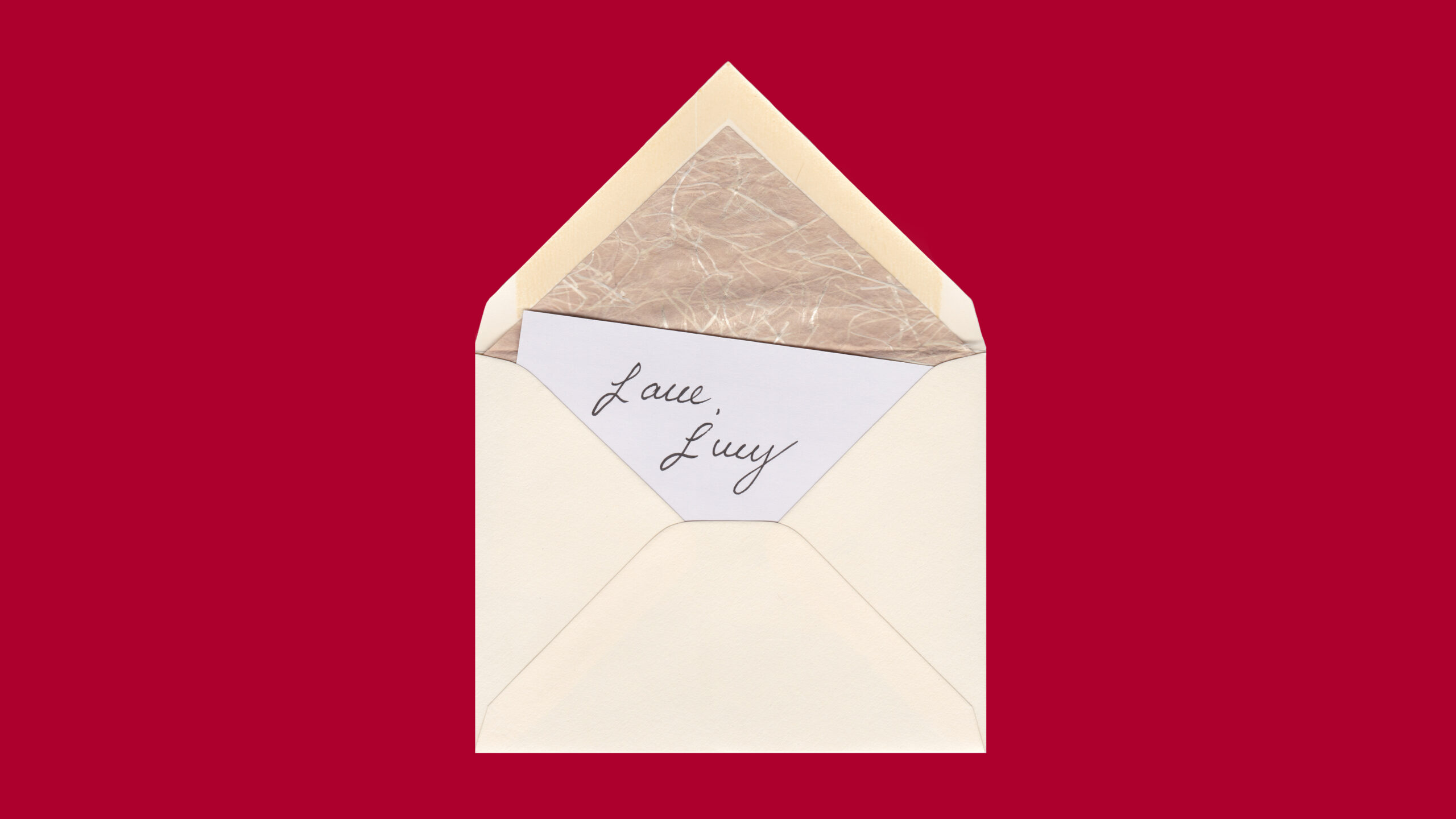 white envelope with red background, Open envelope with Love, Lucy written on a note