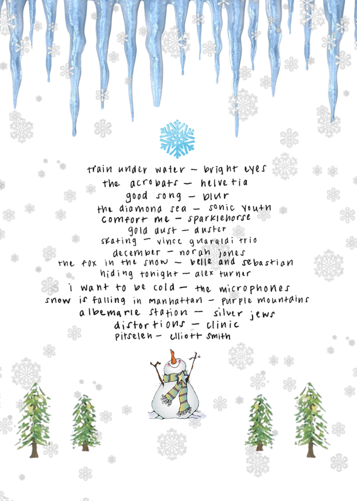 Snowflakes, trees, a snowman, and icicles on the top of the page, surround the playlist in the middle.
