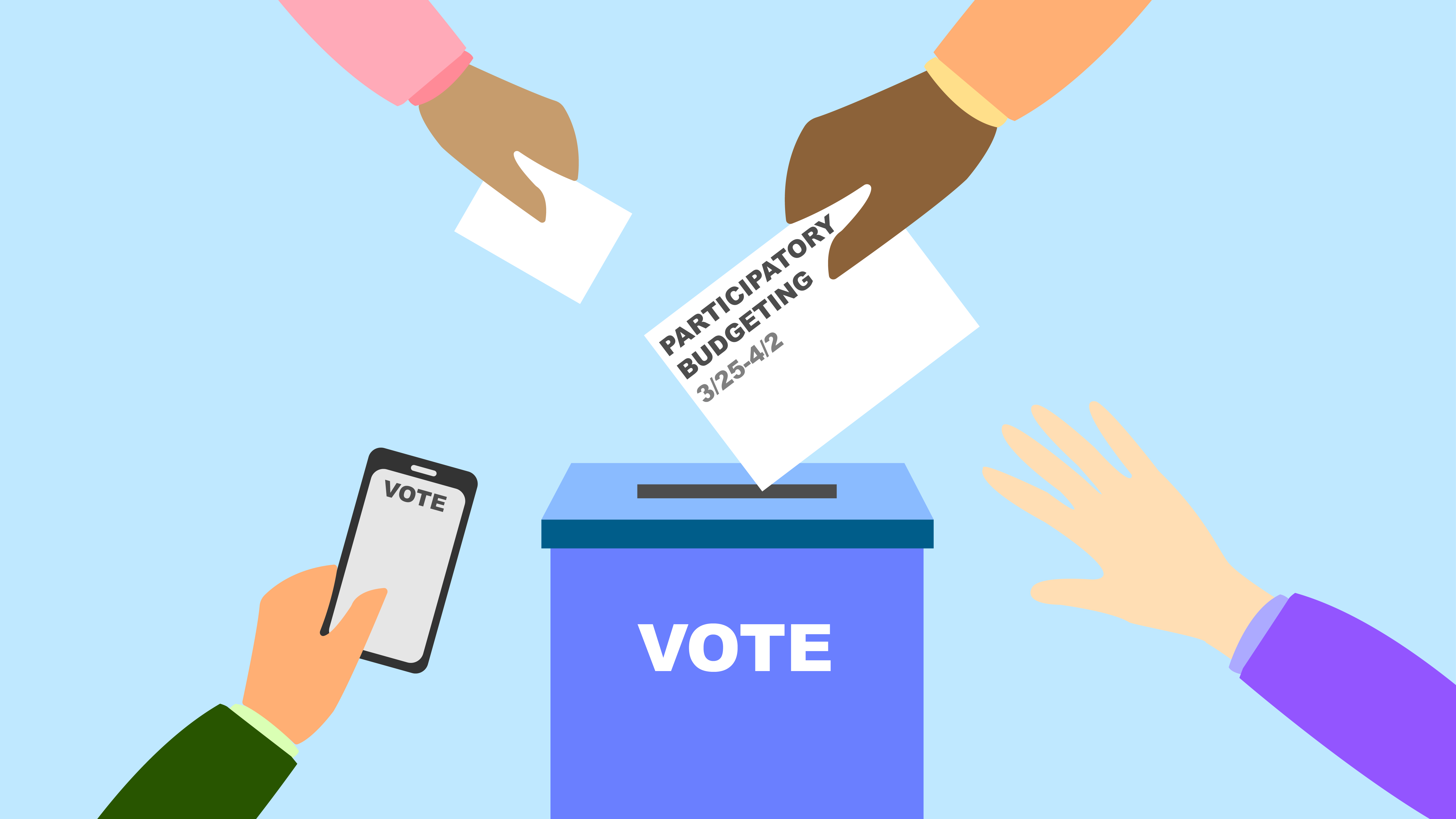 On a light blue background, four hands reach towards a dark blue ballot box with the word ‘vote’ on it in white, all capital letters. Two of the hands are holding white paper ballots and one of the hands is holding a phone.