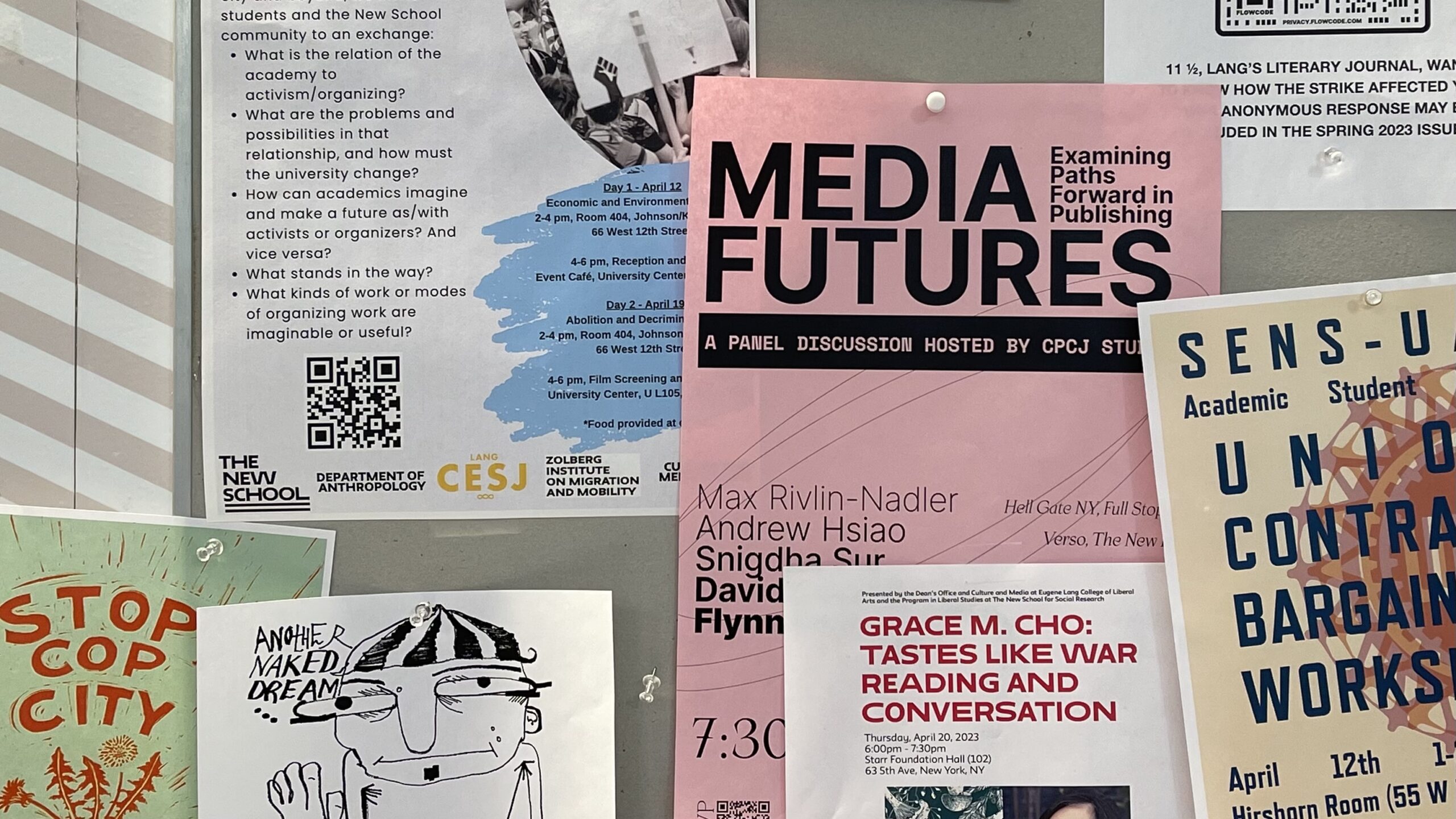 Image of multiple posters pinned to a bulletin board with a large pink poster in the middle. Large text reads “Media Futures” and smaller text reads “Examining Paths Forward in Publishing”