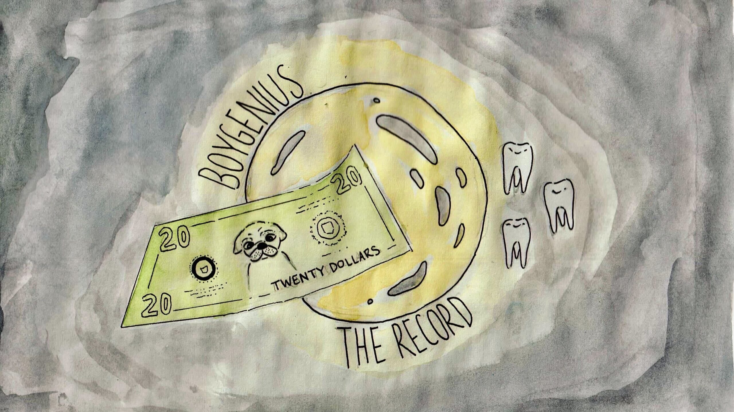 Illustration of a yellow moon surrounded by three teeth, a twenty dollar bill with a pug, and the words “boygenius” and “the record.”