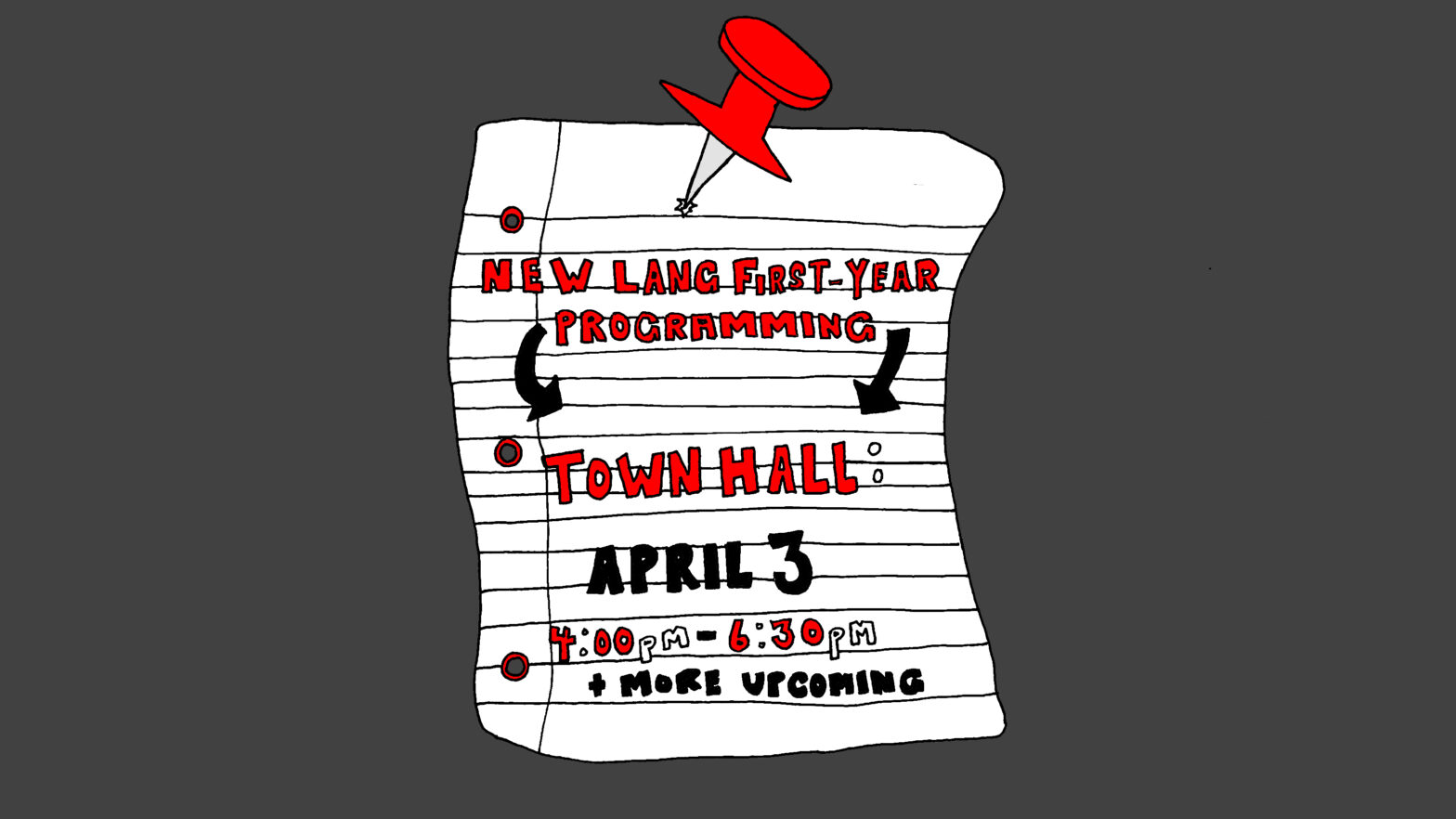A white piece of notebook paper is pinned to a dark gray wall with a large red pushpin. It has the words “New Lang First Year Programming” in red, with two black arrows pointing to the words “Town Hall”, also in red. Below that, the sign reads “April 3” in black, then “4:00 pm to 6:30 pm” in red and white. The final line says “+ more upcoming” in black.