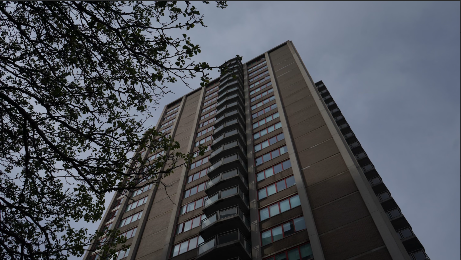 301 Residence Hall building from below with a tree near the corner