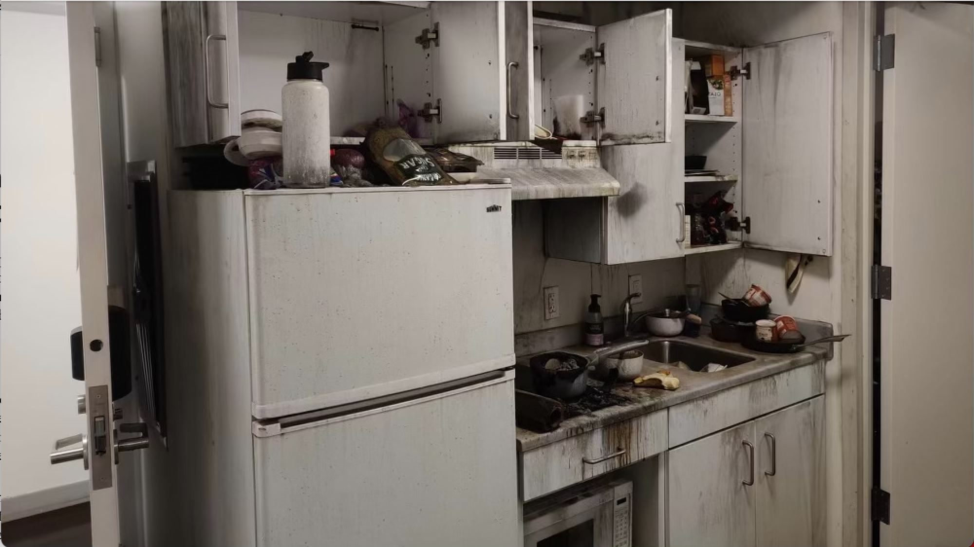 Image of a burned kitchen from the 301 Residence Hall