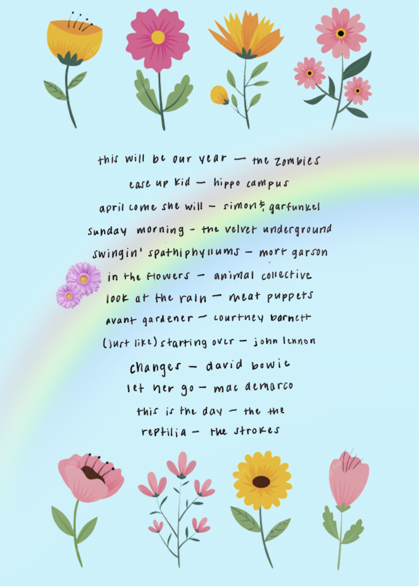 Flowers surround the playlist with a rainbow through the middle and a baby blue background.
