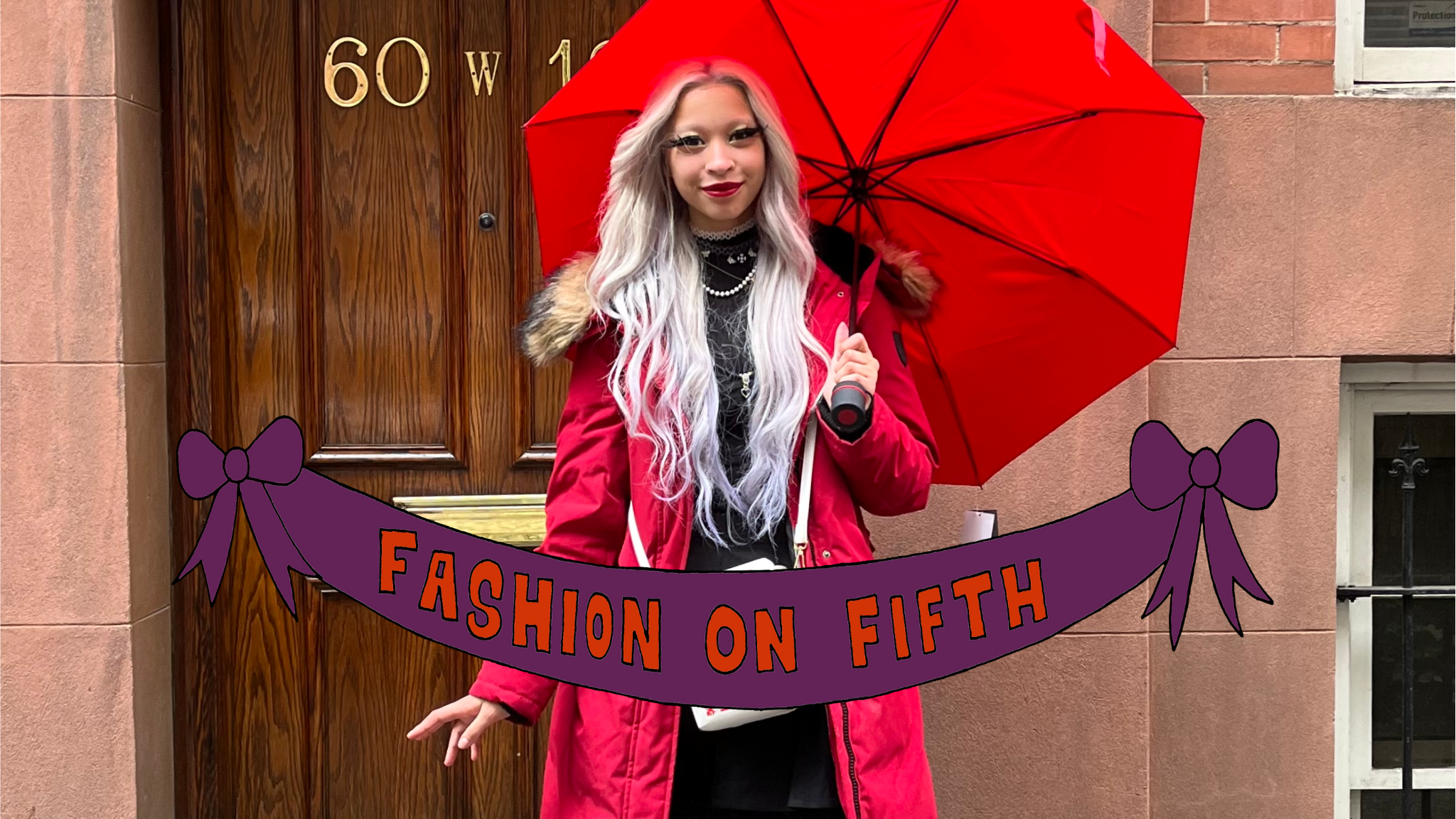 Second-year philosophy student wears a red coat, and has silver hair while holding a red umbrella and standing in front of a brownstone on fifth avenue.