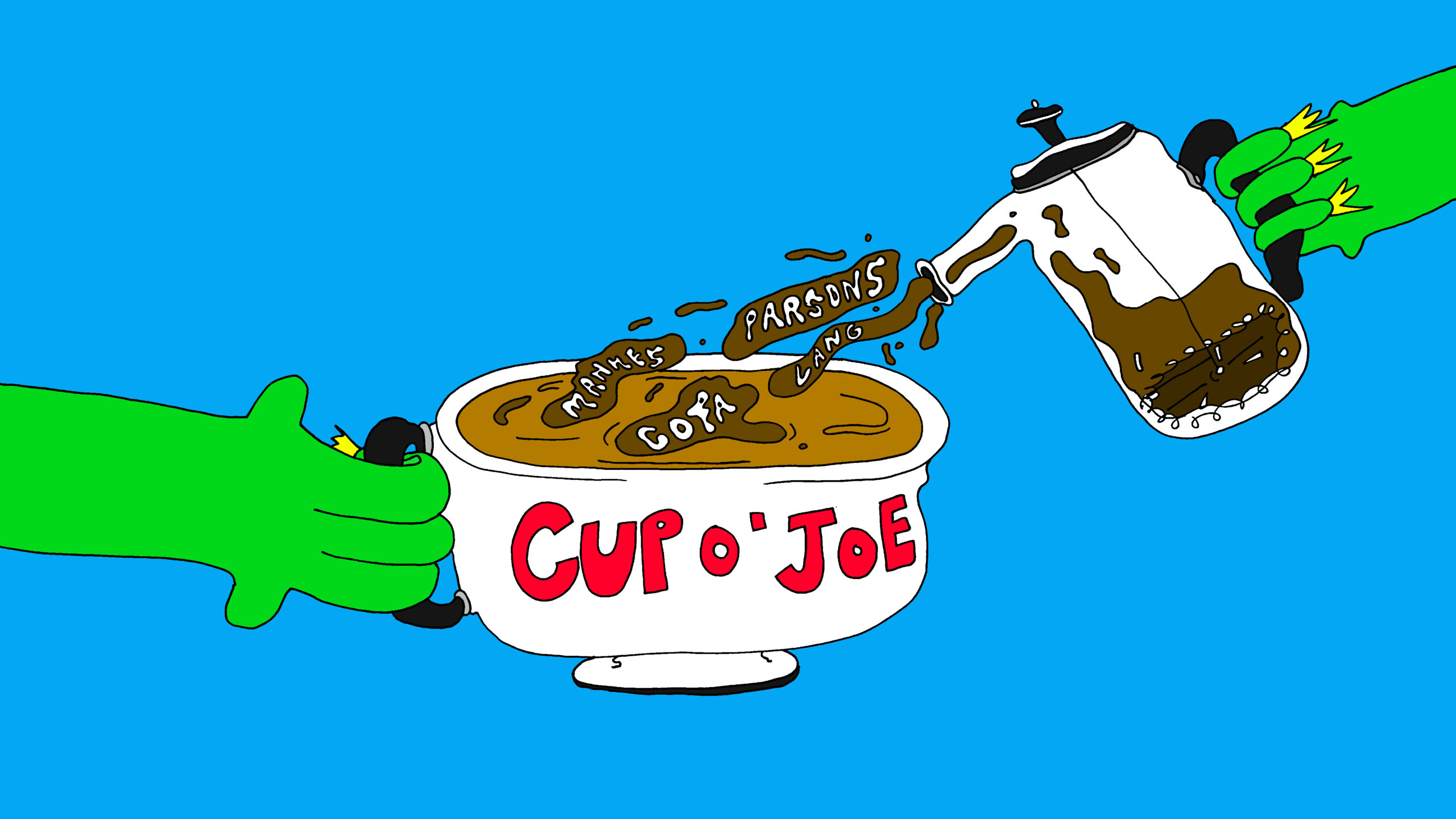 Drawing of a hand holding a cup of coffee while another hand pours coffee into the cup. The coffee splashes are of the different New School colleges.