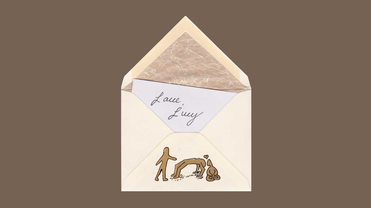 white envelope on brown background with figures on the envelope