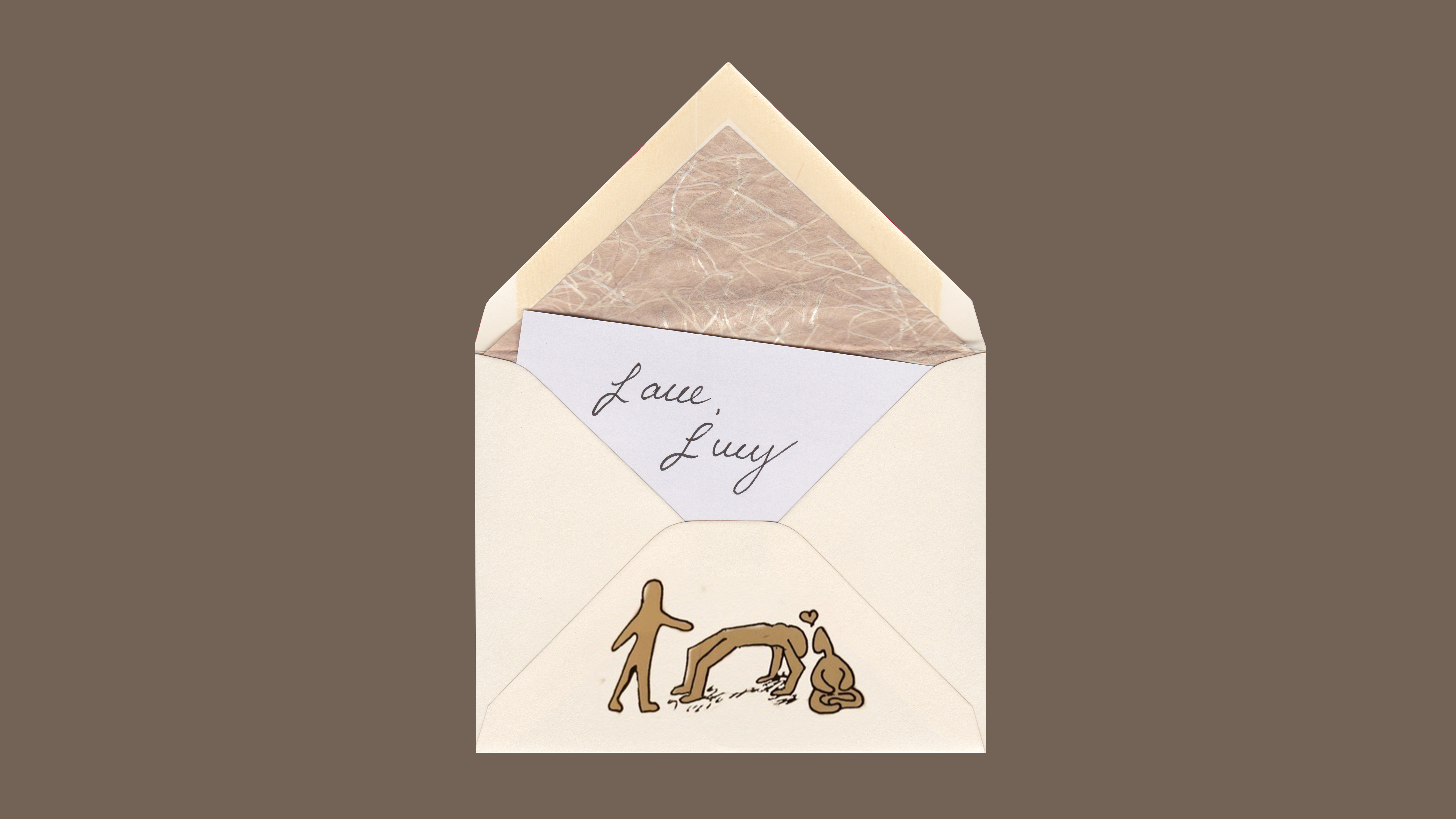 white envelope on brown background with figures on the envelope